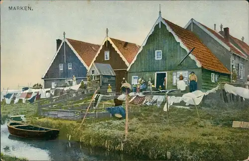 Postkaart Marken-Waterland Häuser Typen Wäsche Photochromie 1912