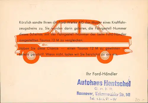 Reklame & Werbung FORD Autohaus Hentschel Hannover 1961  passendem Werbestempel