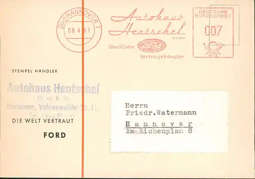 Reklame & Werbung FORD Autohaus Hentschel Hannover 1961  passendem Werbestempel