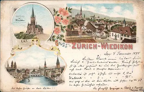 Litho AK Wiedekon Zürich 3 Bild: Stadt und Neue Kirche 1898   gel.   Nordhausen