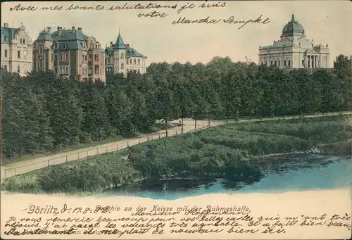 Görlitz Zgorzelec Partie an der Neisse, Stadthäuser und Ruhmeshalle 1902