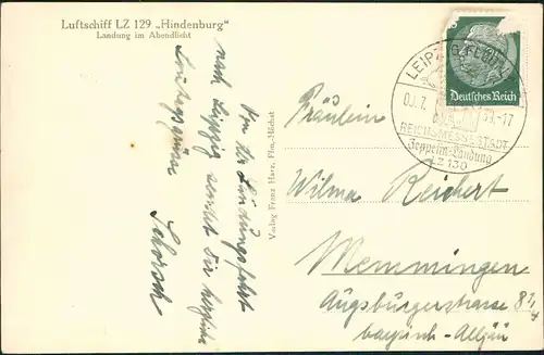 Lindenthal-Leipzig Luftschiff LZ 129 Hindenburg Zeppelin Abendlicht 1939  gel. Stempel L-Flugplatz