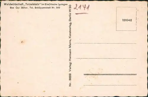 Ansichtskarte Schöppenstedt Waldwirtschaft Tetzelstein im Elm. 192928