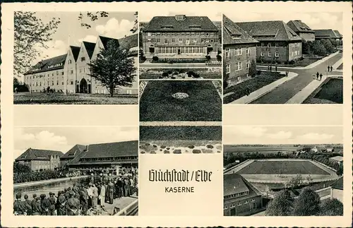 Glückstadt Lykstad Kaserne mit Sportplatz, Soldaten, Mehrbildkarte 1959