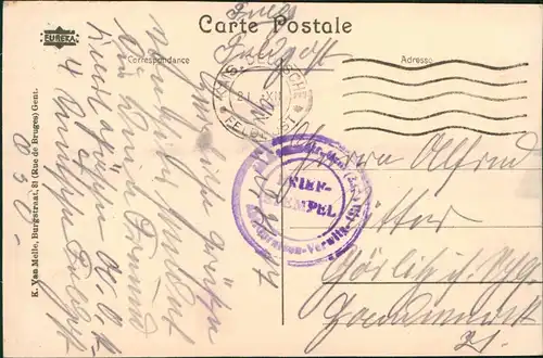 Gent Ghent (Gand) Pont du pain perdu, Schiff 1918 Stempel Kaiserliche Feldpost