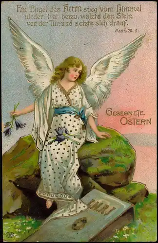 Ansichtskarte  Glückwunsch Ostern (Easter) Engel auf einem Felsen 1910