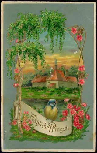 Glückwunsch Pfingsten Grusskarte Haus, Landschaft Vogel 1909 Prägekarte