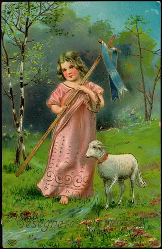 Glückwunsch Ostern Easter Mädchen Lamm Osterlamm 1909   gel Stempel GLASHÜTTE