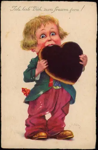 Ich hab' Dich zum zum fressen gern! Künstlerkarte Kind mit Herz 1920