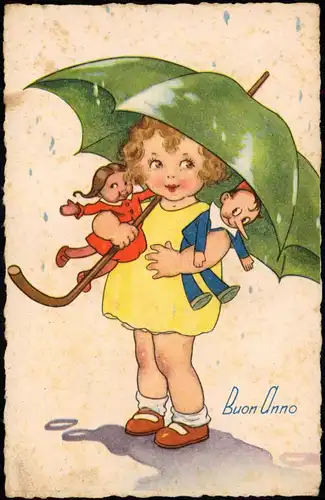 Kinder Künstlerkarte Mädchen mit Puppen unter Regenschirm 1940