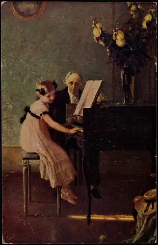 Künstlerkarte Gemälde; J. A. Meunier, Erste Klavierstunde 1920