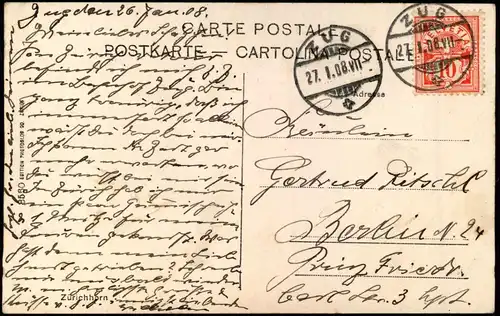 Ansichtskarte Zürich Umlandansicht Partie am Zürichhorn 1908   gel Stempel ZUG