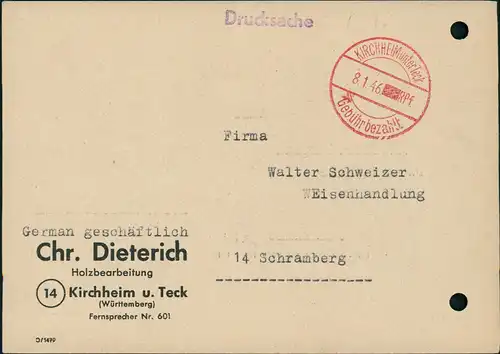 Kirchheim unter Teck Firma Holzbearbeitung 1946   rotem Gebühr-bezahlt-Stempel
