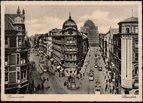 Ansichtskarte Hannover Steintor, Verkehr mit Straßenbahnen, Geschäfte 1940