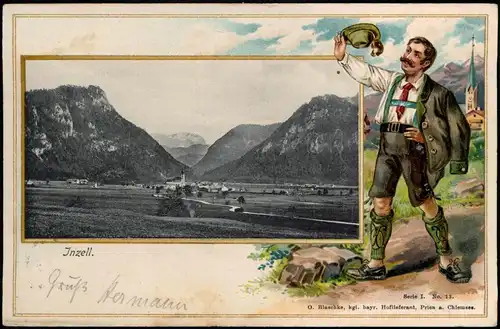 Inzell / Obb. Passepartout Stadt - Wanderer 1904 Goldrand/Prägekarte
