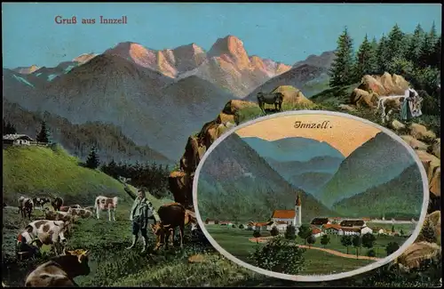 Ansichtskarte Inzell / Obb. 2 Bild Alm mit Bauer und Kühen und Stadt 1913