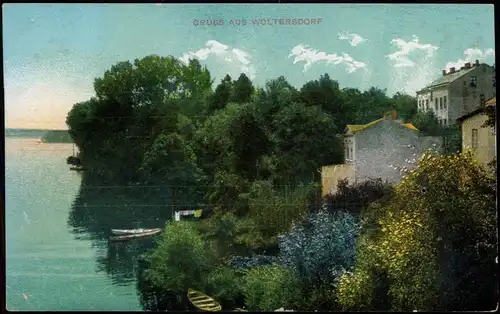 Ansichtskarte Woltersdorf Uferpartie, Boote und Häuser 1913