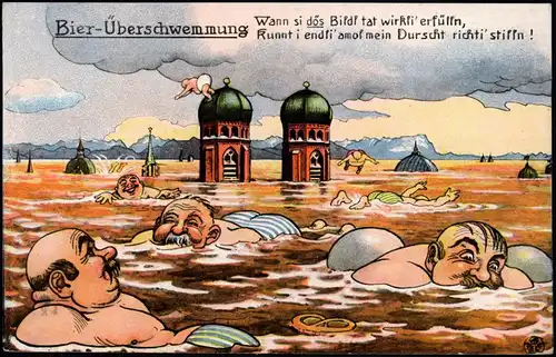 München Hofbräuhaus (Aufgabeort) Humor-Karte Bier-Überschwemmung 1930
