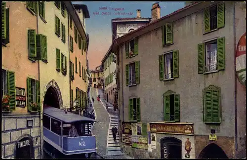 Ansichtskarte Lugano Via della cattedrale. Tram Straßenbahn Haustunnel 1912