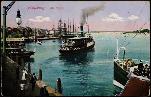 Ansichtskarte Flensburg Hafen, Dampfer und Segelschiffe 1909