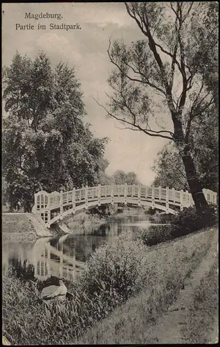 Ansichtskarte Werder-Magdeburg Frau im Kanu, Brücke im Stadtpark 1913