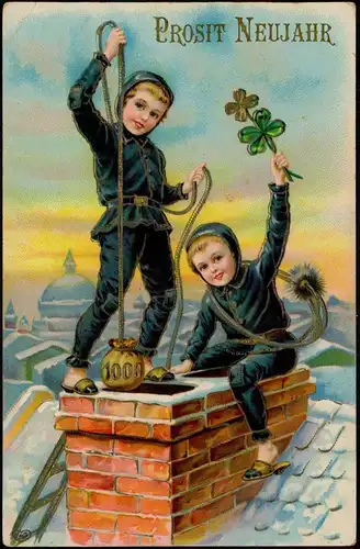 Neujahr Sylvester New Year Kinder Schornsteinfeger Geldsäcke 1912 Prägekarte
