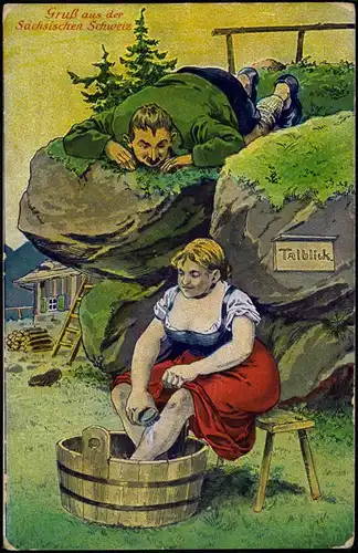 .Sachsen Sächsische Schweiz Scherzkarte Mann schaut auf Frau Talblick 1909