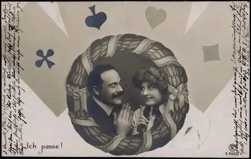 Liebe Liebespaare - Love Künstlerkarten Skatspiel Ich passe! 1911