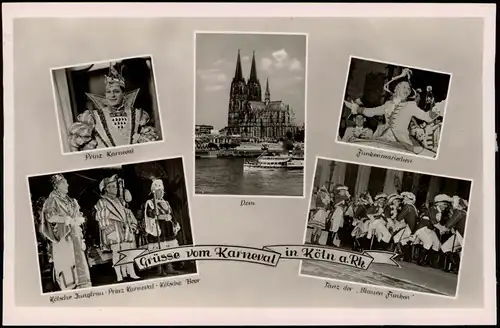 Köln Karneval Mehrbild-AK mit Prinz, Funkenmariechen, Tanz  Blauen Funken 1950