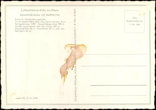 Ansichtskarte Köln Luftaufnahme Rhein Severinsbrücke mit Auffahrten 1959