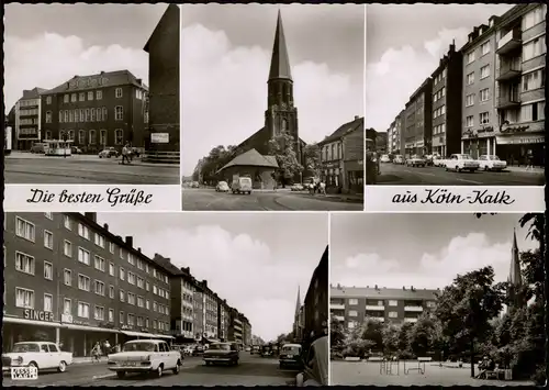 Kalk-Köln Mehrbildkarte Hauptstraßen Geschäfte Kirche Autos 1960