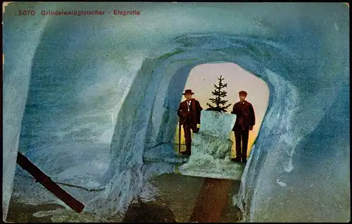 Ansichtskarte Grindelwald Grindelwaldgletscher Wisgrotte Männer und Baum 1912