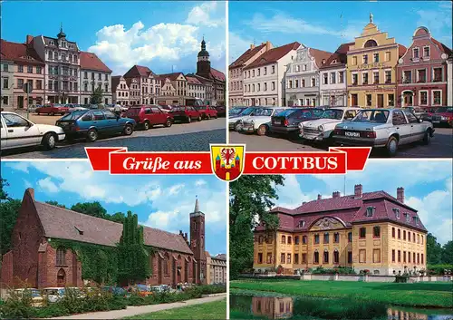 Cottbus Mehrbild-AK mit Autos, Altmarkt, Kirche, Schloss Branitz 1990