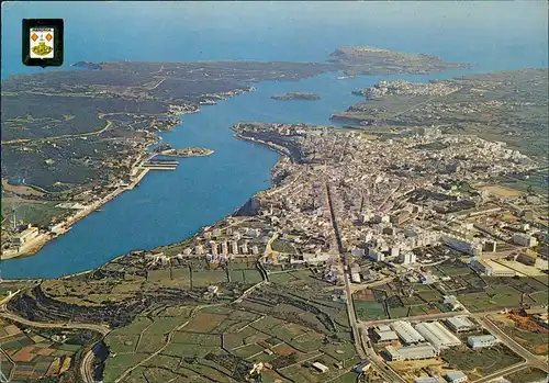 Postales Mahón Maó Luftaufnahme mit Hafen (Puerto y Ciudad) 1975