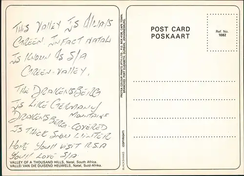 Postcard Südafrika VALLEY OF A THOUSAND HILLS, Natal, South Africa 1970