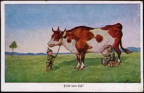 Ansichtskarte  Kleine Soldaten Riesen-Kuh Frisch vom Faß 1916