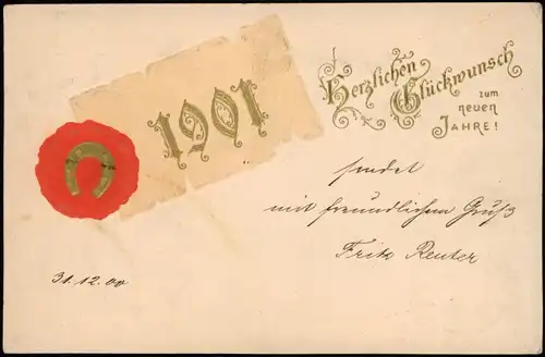 Neujahr Sylvester New Year Urkunde Siegel Goldprägekarte 1900 Prägekarte