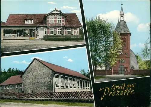 Prezelle Mehrbild-Grusskarte Ortsansichten, Geschäft, Kirche 1960