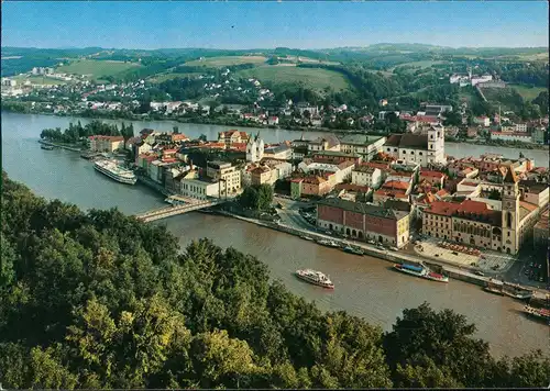 Passau Luftbild Partie am Zusammenfluß von Donau, Inn und Ilz 1987