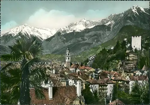Meran Merano Panorama-Ansicht, verschneite Bergkette Südtirol 1960