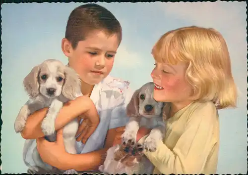 Menschen Soziales Leben & Kinder Mädchen u. Junge mit Hund Hunden 1970