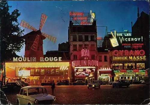 Paris Moulin Rouge, Autos, Leuchtreklame, Abend-/Nachansicht 1973