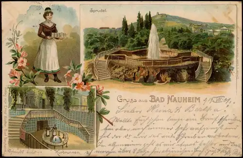 Ansichtskarte Litho AK Bad Nauheim Kurbrunnen, Frau, Sprudel 1901