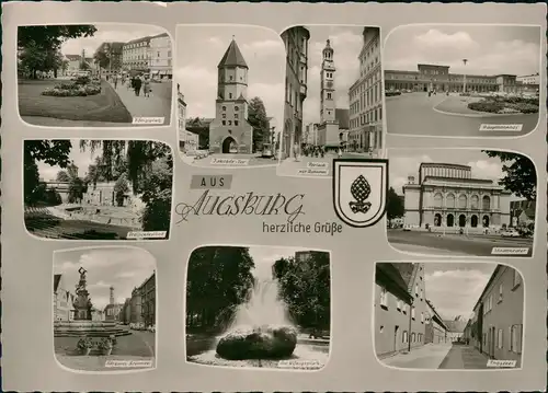 Augsburg Mehrbild-AK u.a. mit Hauptbahnhof, Theater, Herkules-Brunnen,  . 1964