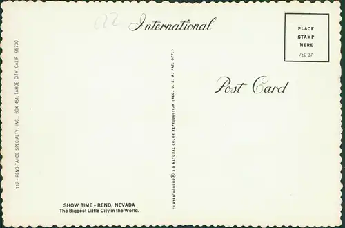 Postcard Reno SHOW TIME The Biggest Little City in the World 1960