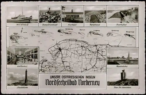 Norderney Mehrbildkarte mit Landkarte Inselkarte Ortsansichten 1963