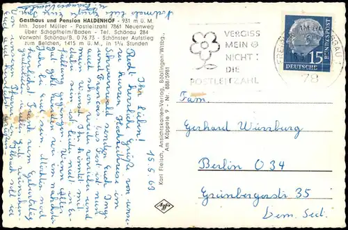 Ansichtskarte Schopfheim Gasthaus und Pension HALDENHOF 1963  gel 15 Pfg. Heuss