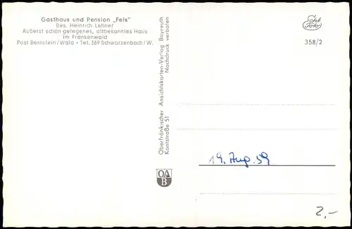 Schwarzenbach am Wald Gasthaus und Pension Fels - Bernstein Color-Fotokarte 1961