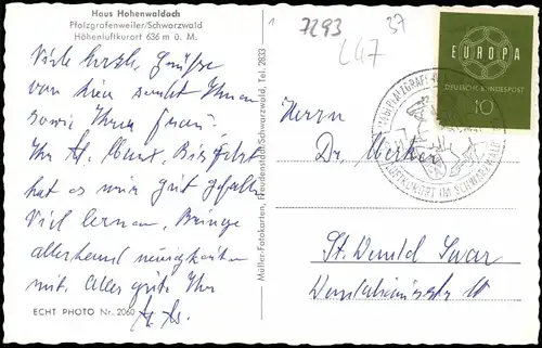 Ansichtskarte Pfalzgrafenweiler Haus Hohenwaldach - Zimmer 1960