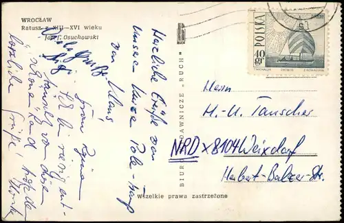 Postcard Breslau Wrocław Rathaus, Parkplatz - Straßenbahn 1962  gel. Briefmarke